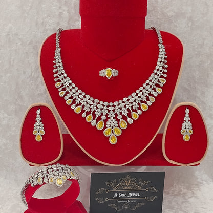 Luxury Indian Bridal CZ Diamond 4PCS Yellow Necklace Set