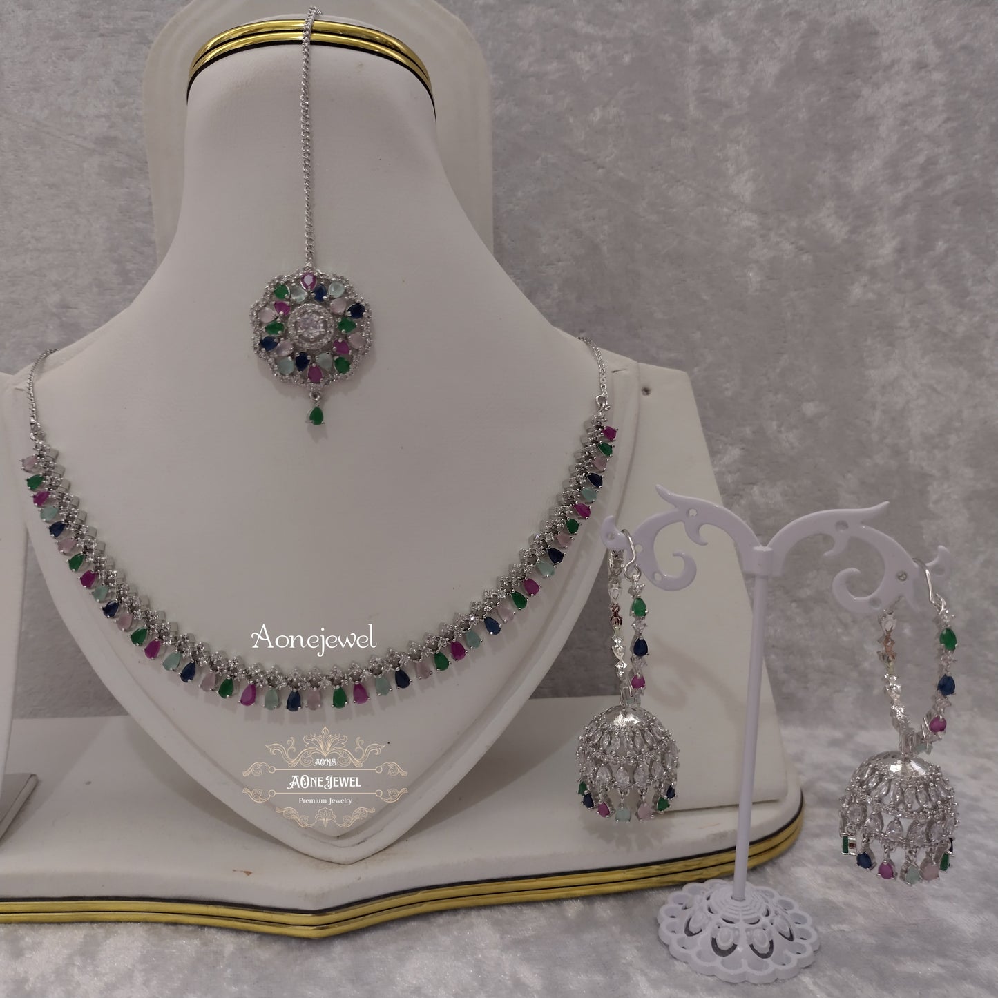 Indian Bridal CZ Diamond Silver Multi Necklace Set