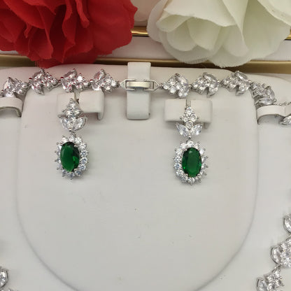 Exclusive Bridal Emerald CZ Diamond Cubic Zirconia Necklace Jewellery Set