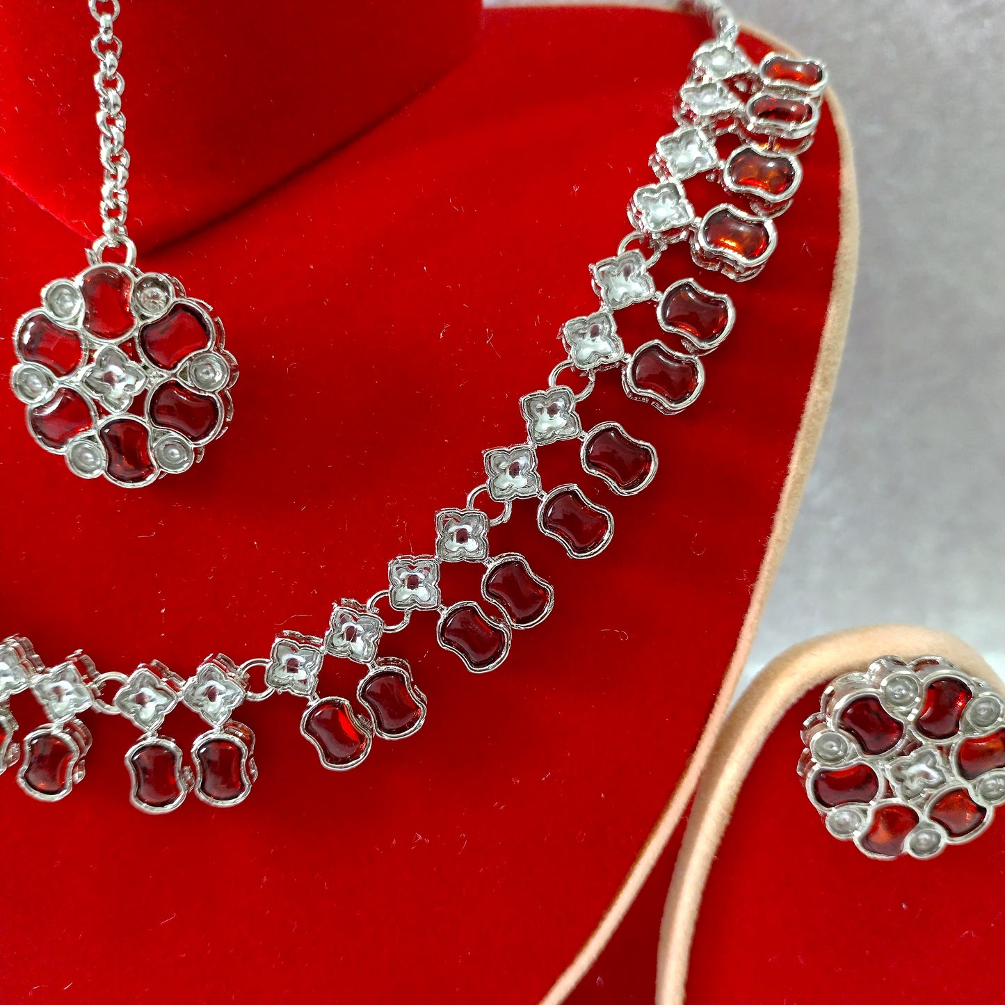 Indian Ethnic Red Silver Plated Necklace Set