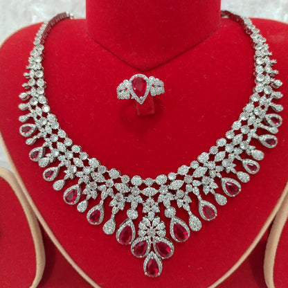 Luxury Indian Bridal CZ Diamond 4PCS Red Necklace Set