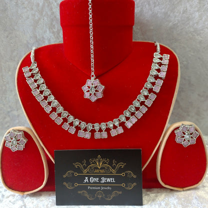 Indian Ethnic Baby Pink Silver Plated Necklace Set