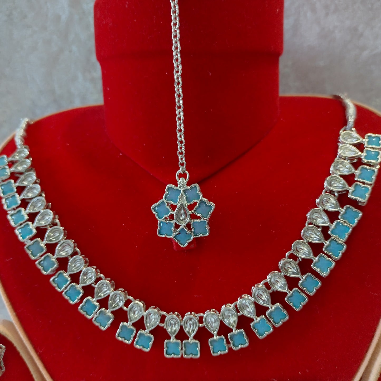 Indian Ethnic Baby Blue Silver Plated Necklace Set