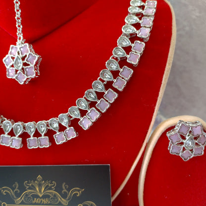 Indian Ethnic Baby Pink Silver Plated Necklace Set