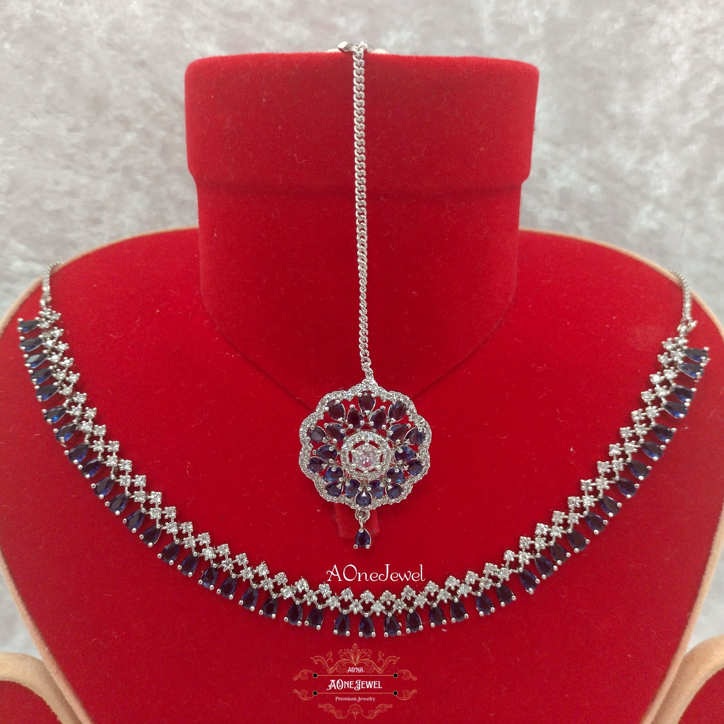 Indian Bridal CZ Diamond Silver Sapphir Necklace Set