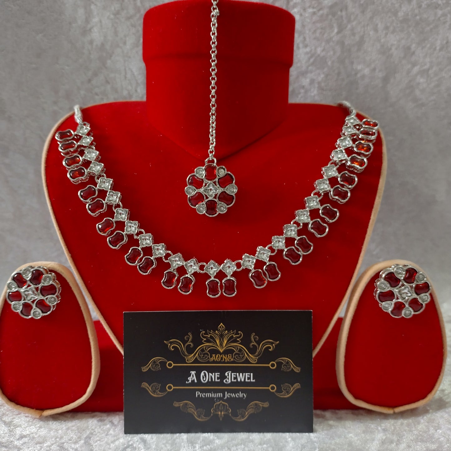 Indian Ethnic Red Silver Plated Necklace Set