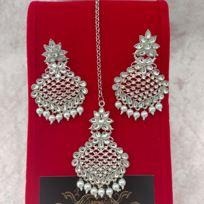 Indian Silver Plated Kundan Pearl Earrings Tikka Set