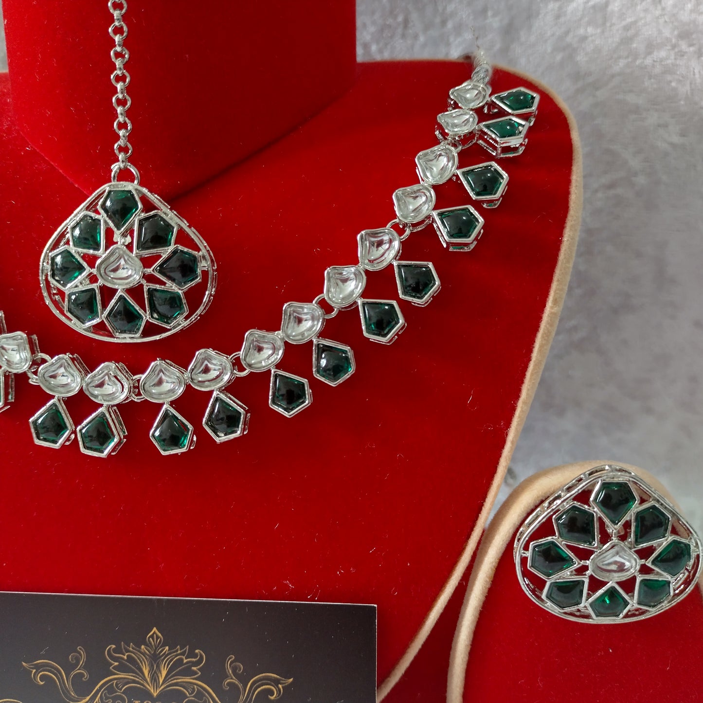 Indian Ethnic Green Silver Plated Necklace Set