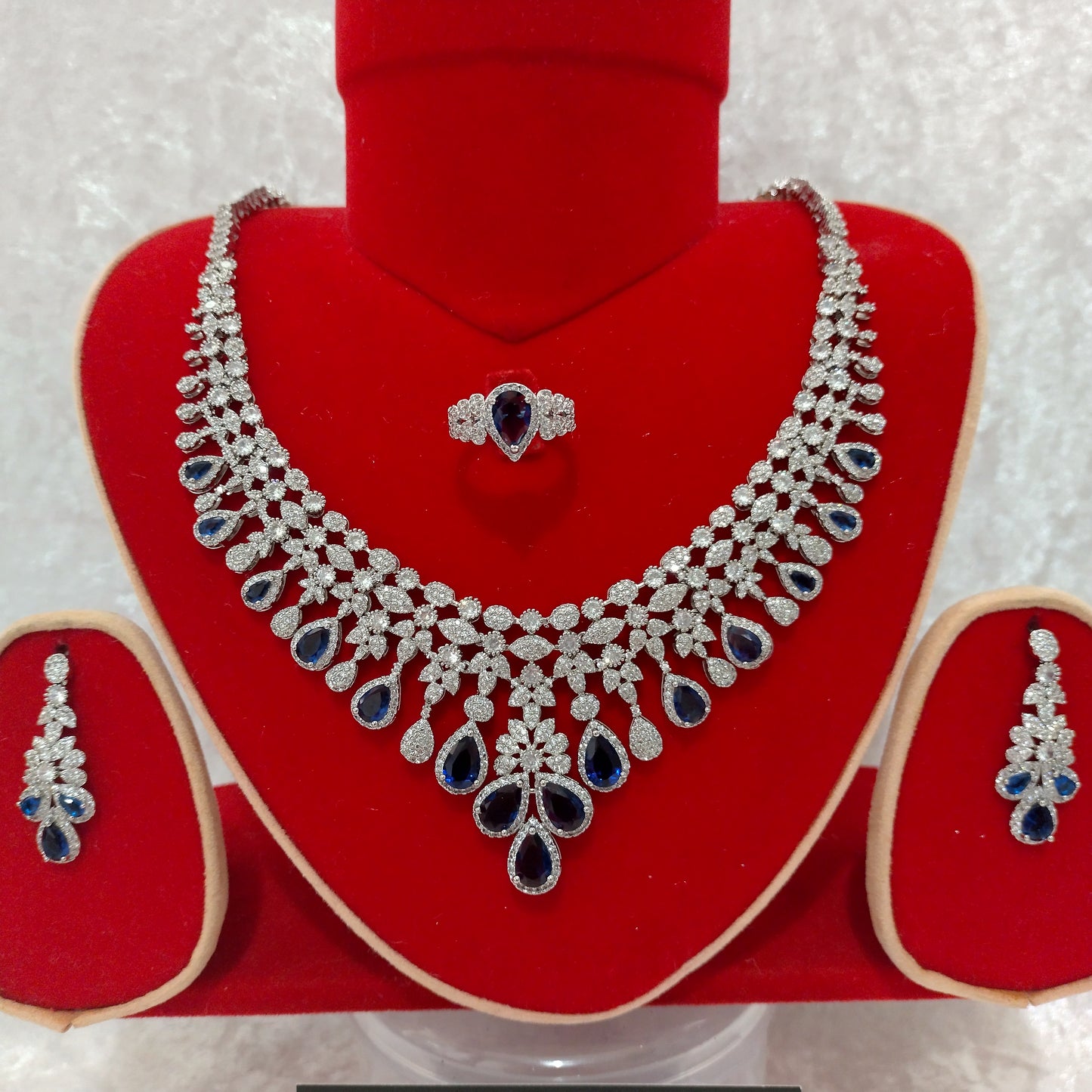 Luxury Indian Bridal CZ Diamond 4PCS Sapphire Necklace Set