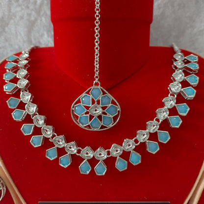 Indian Ethnic Baby Blue Silver Plated Necklace Set