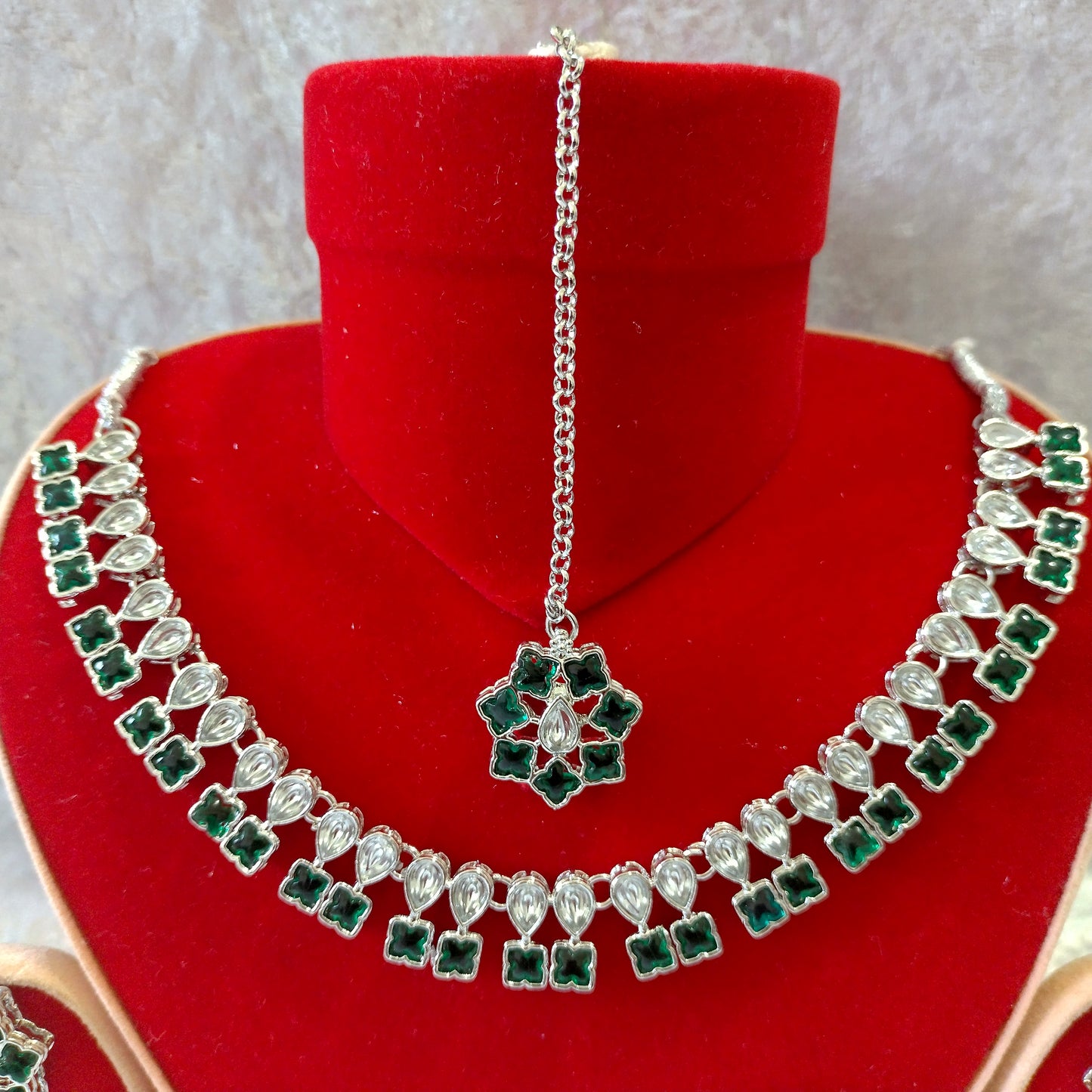 Indian Ethnic Green Silver Plated Necklace Set