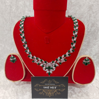 Exclusive Bridal Emerald CZ Diamond Cubic Zirconia Necklace Jewellery Set