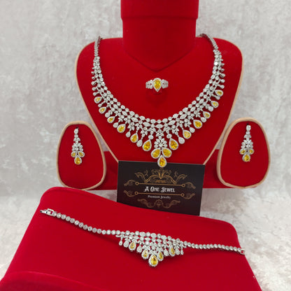 Luxury Indian Bridal CZ Diamond 4PCS Yellow Necklace Set