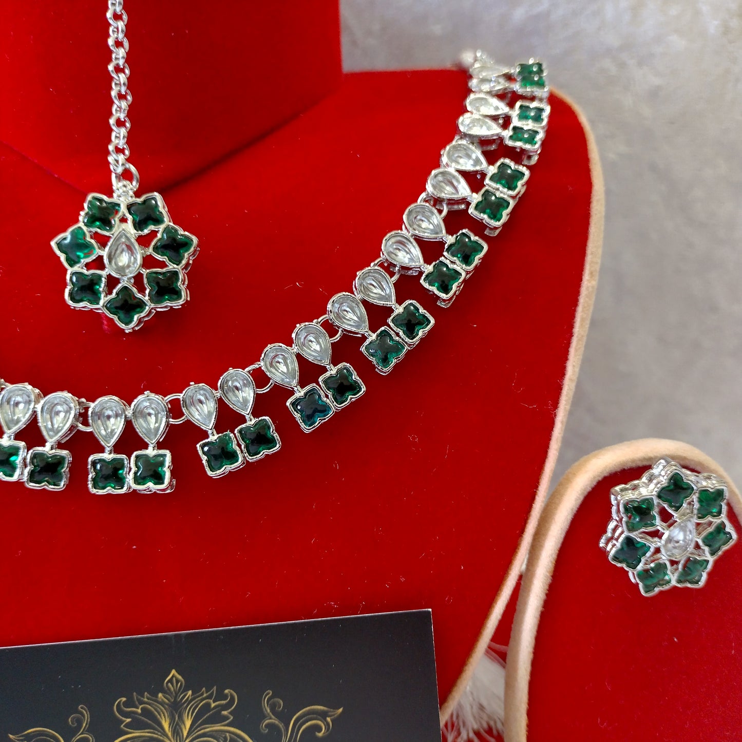 Indian Ethnic Green Silver Plated Necklace Set