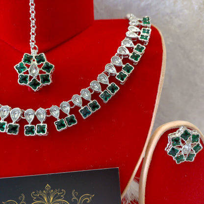 Indian Ethnic Green Silver Plated Necklace Set