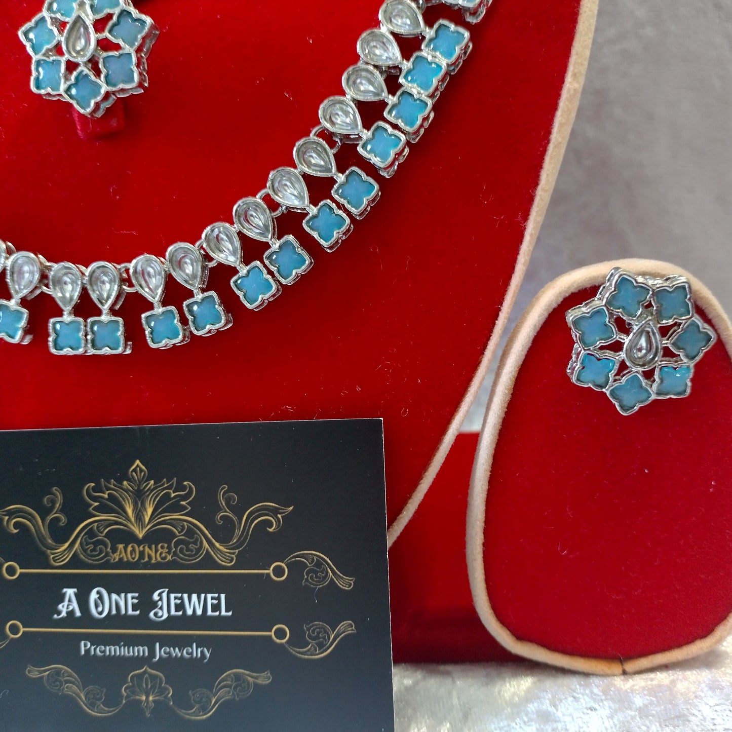 Indian Ethnic Baby Blue Silver Plated Necklace Set