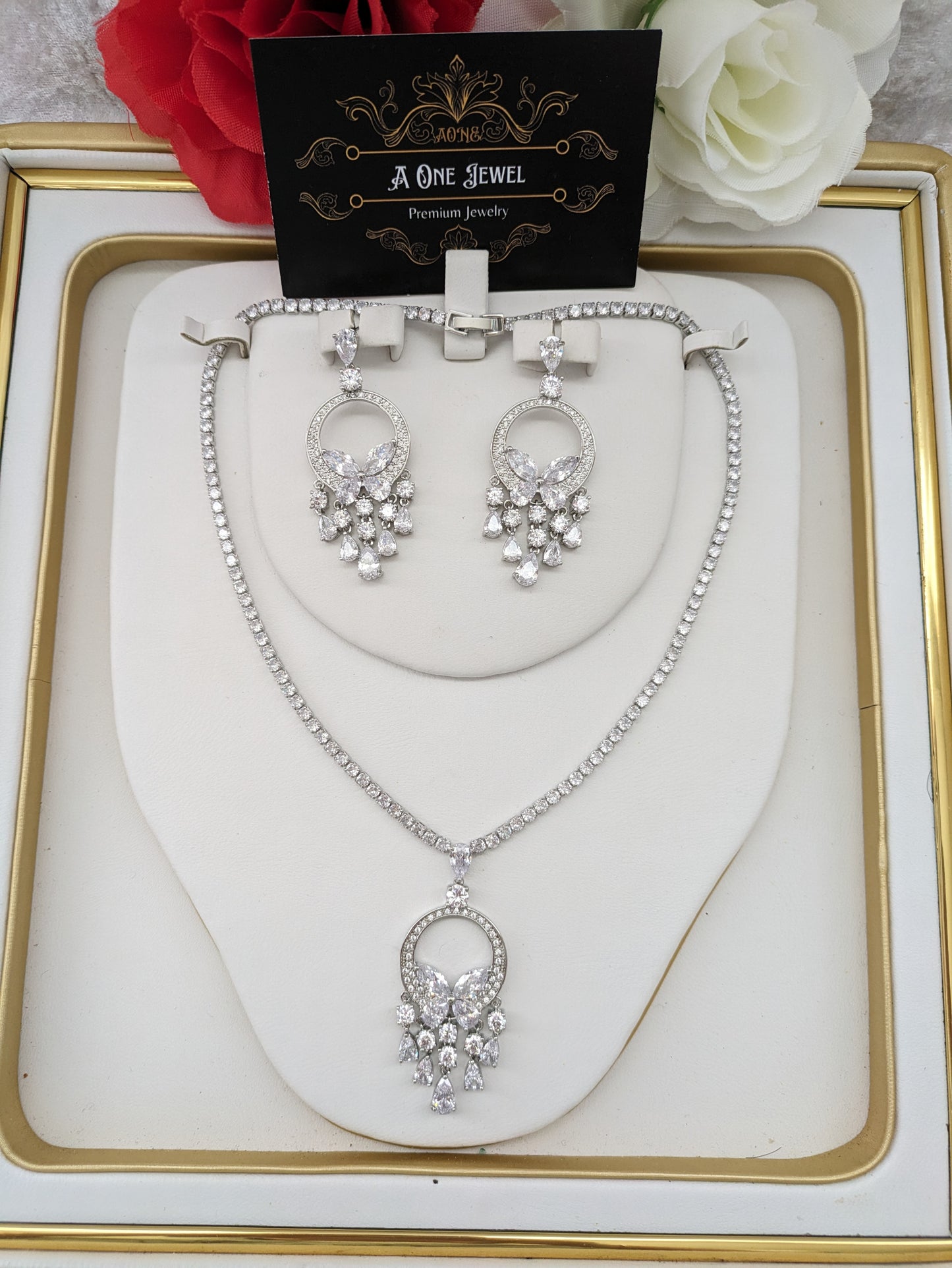 Exclusive Bridal Clear CZ Diamond Cubic Zirconia Necklace Jewellery Set