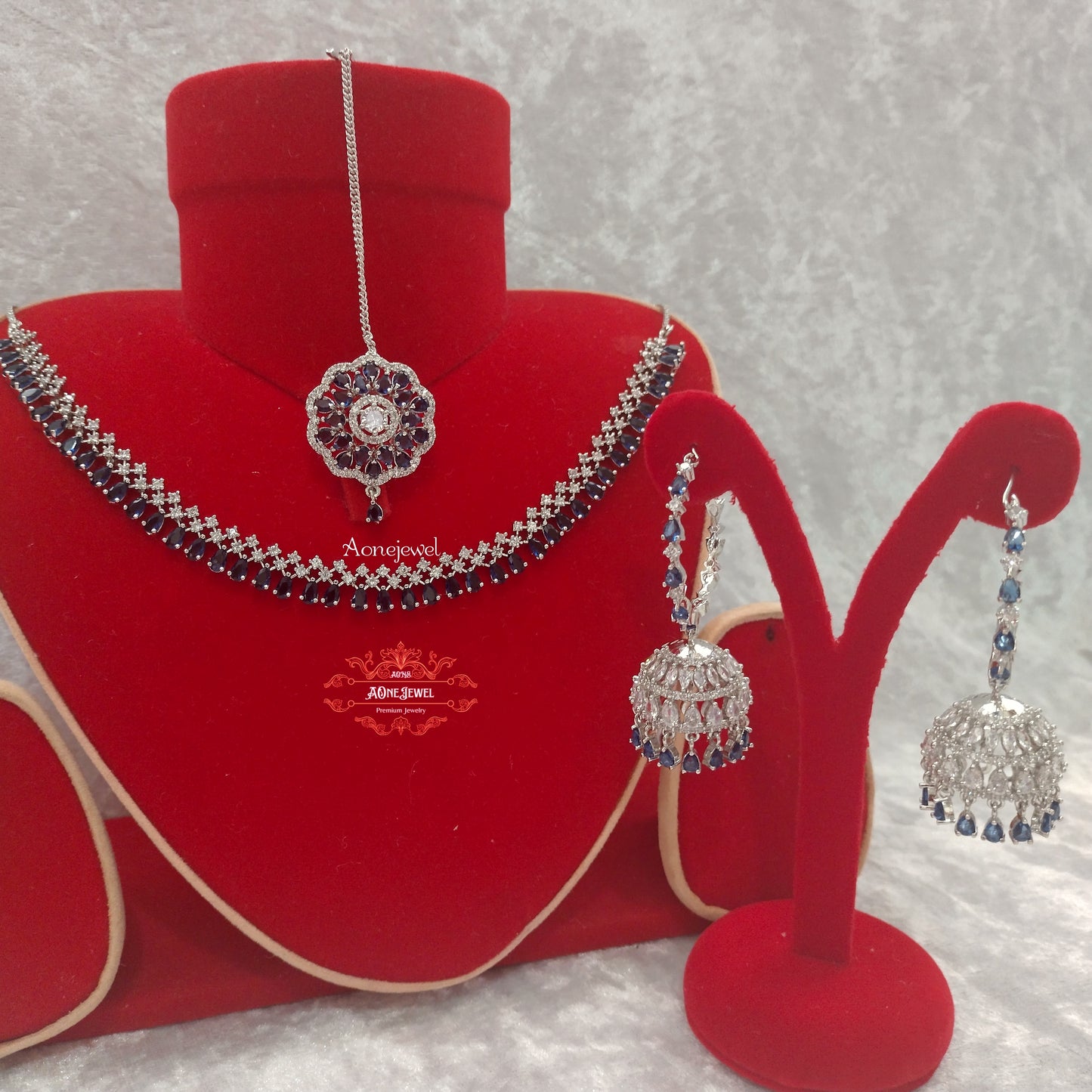 Indian Bridal CZ Diamond Silver Sapphir Necklace Set