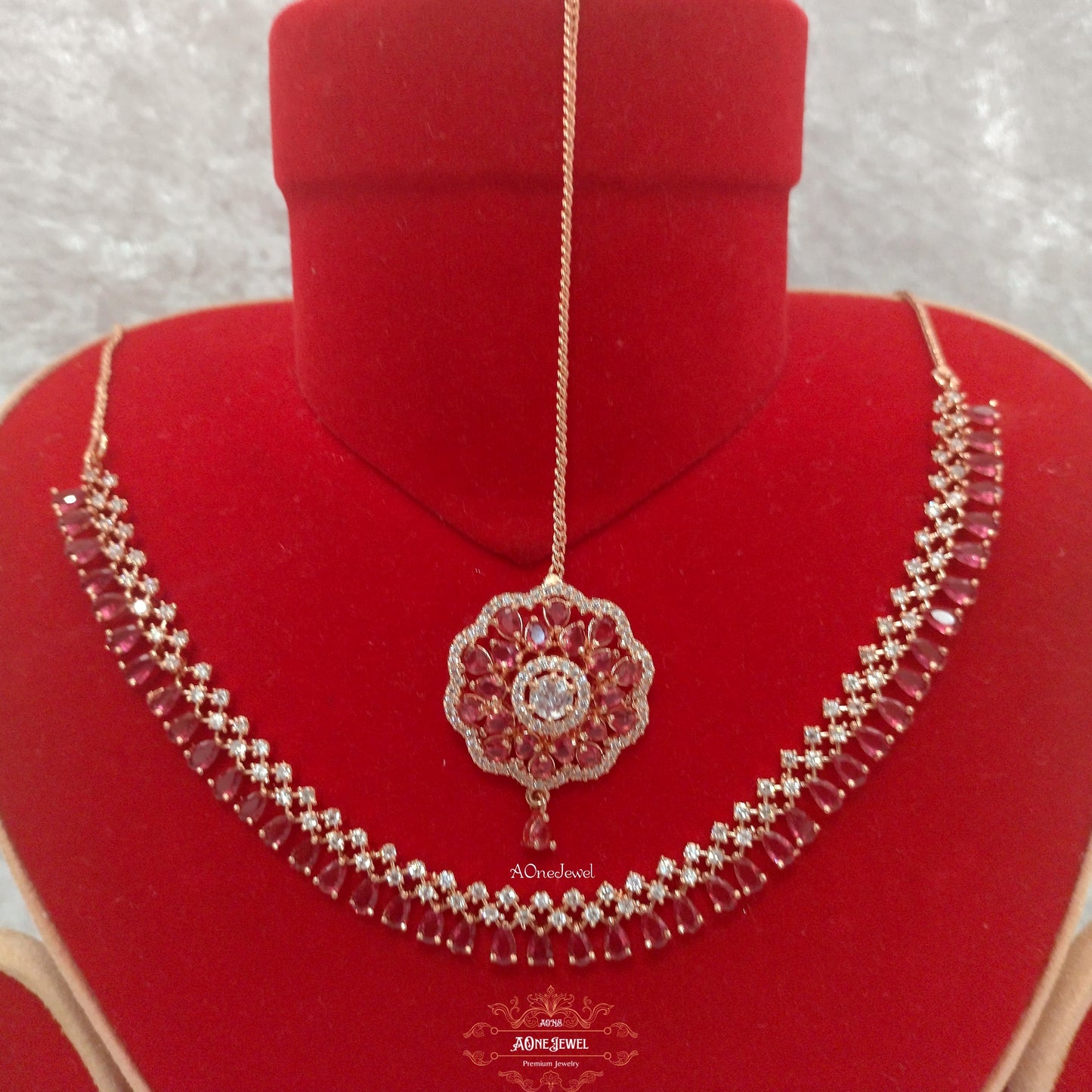 Indian Bridal CZ Diamond Rose Gold Pink Necklace Set