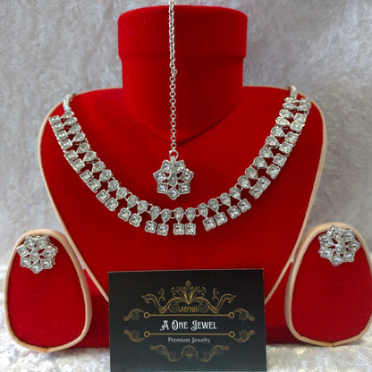 Indian Ethnic Crystal Clear Silver Plated Necklace Set ,