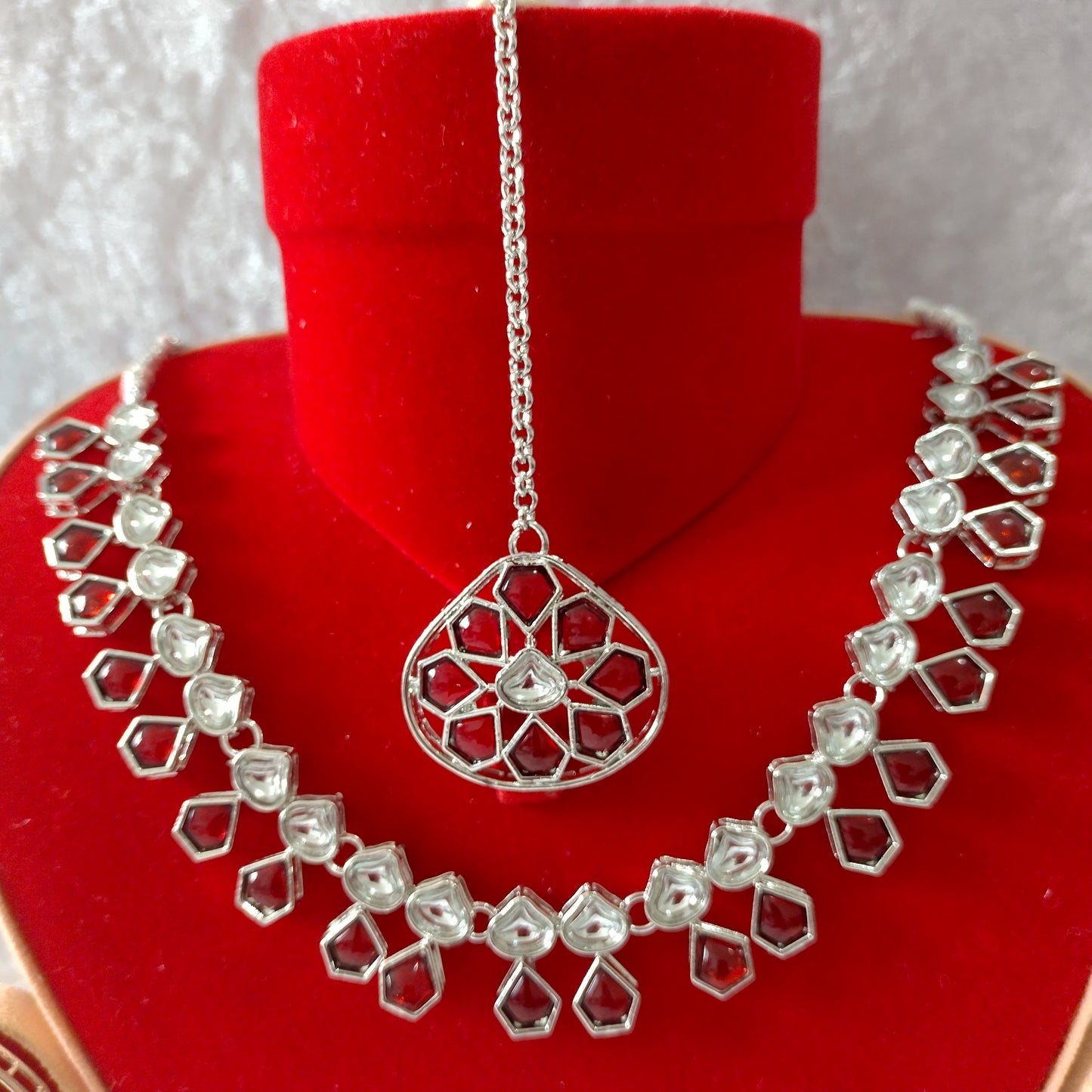 Indian Ethnic Red Silver Plated Necklace Set