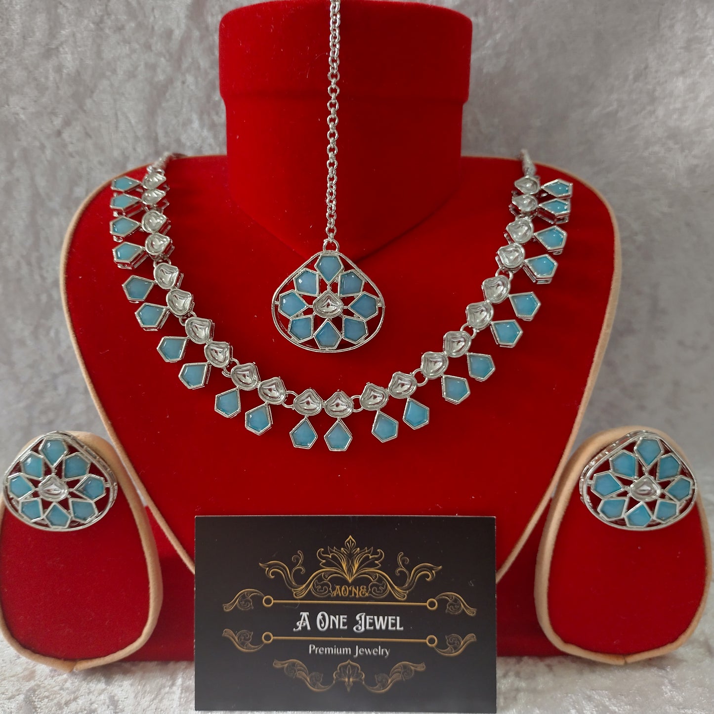 Indian Ethnic Baby Blue Silver Plated Necklace Set