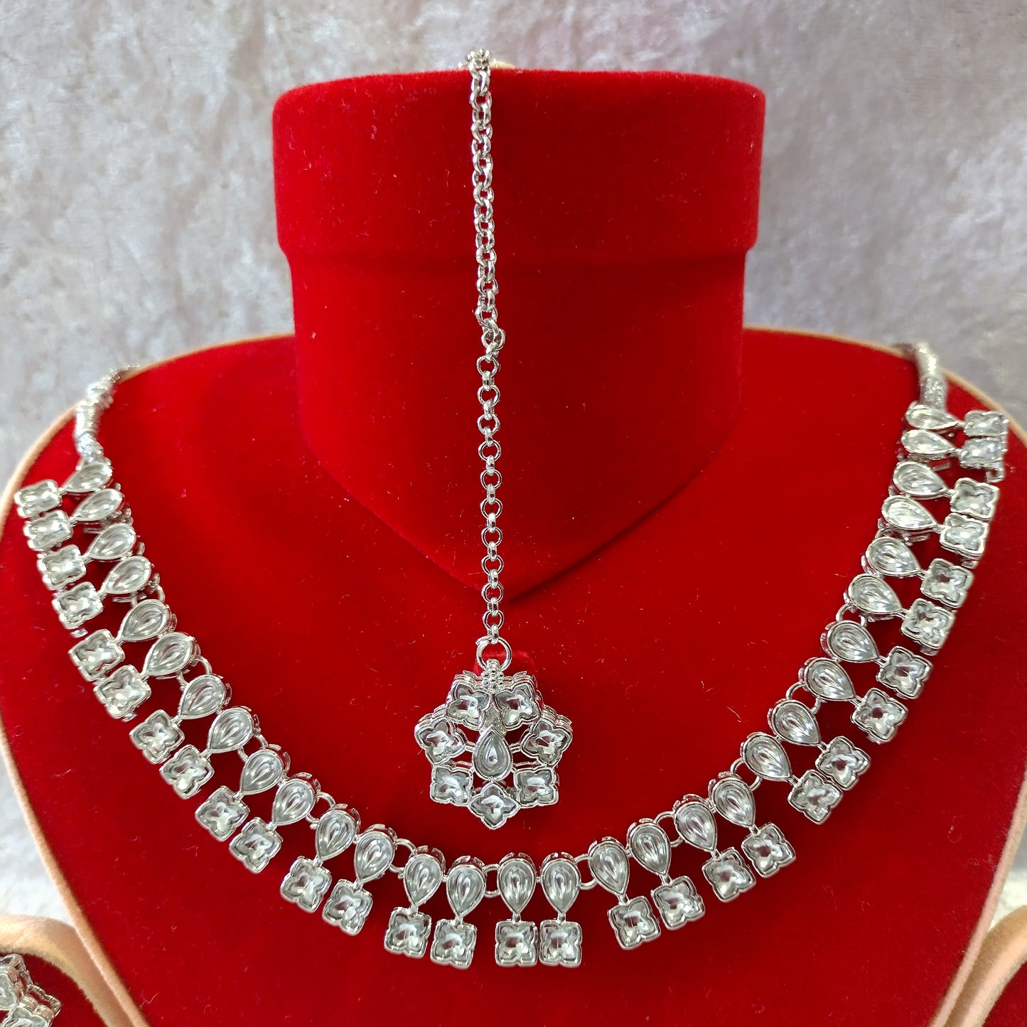 Indian Ethnic Crystal Clear Silver Plated Necklace Set ,