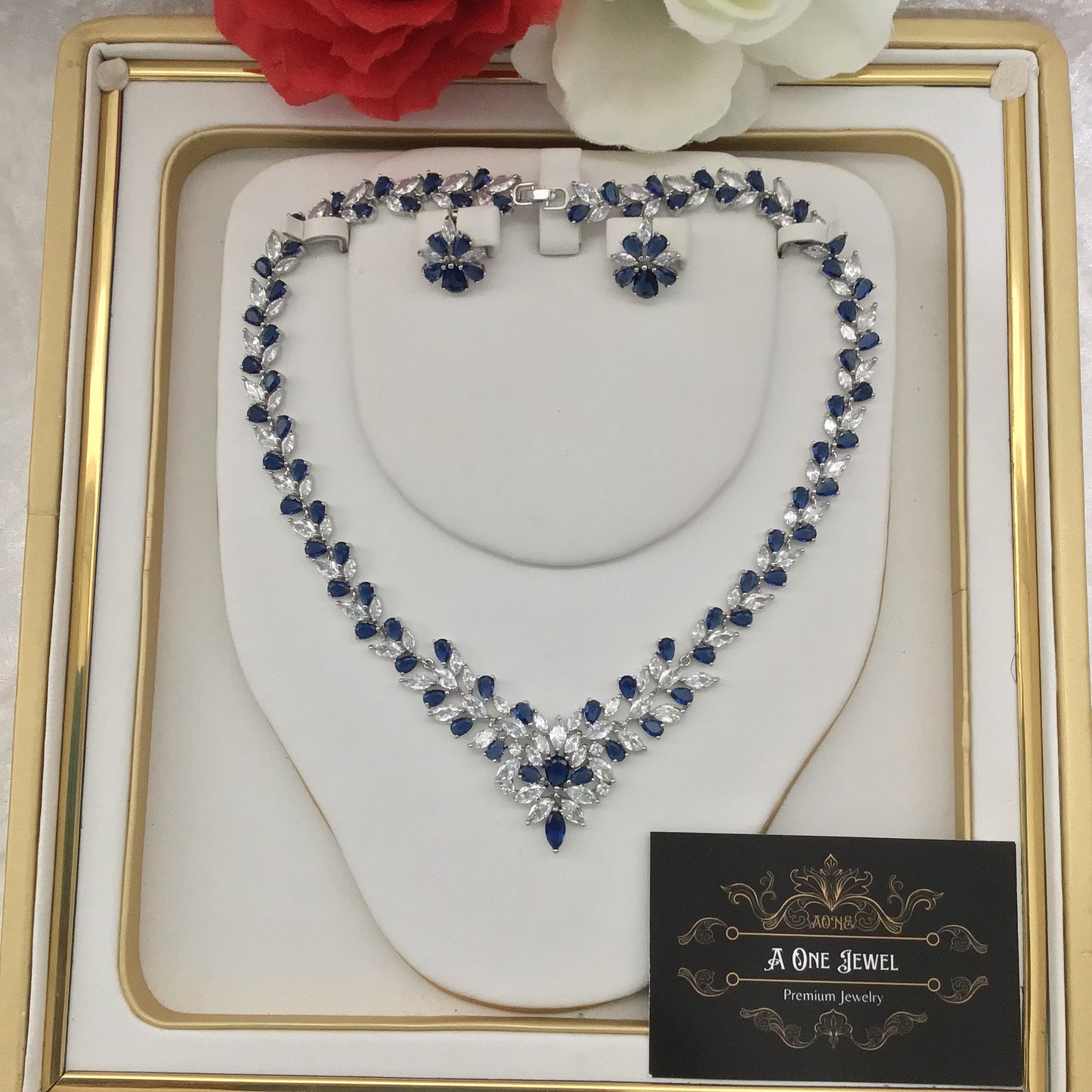 Exclusive Bridal Sapphire CZ Diamond Cubic Zirconia Necklace Jewellery Set