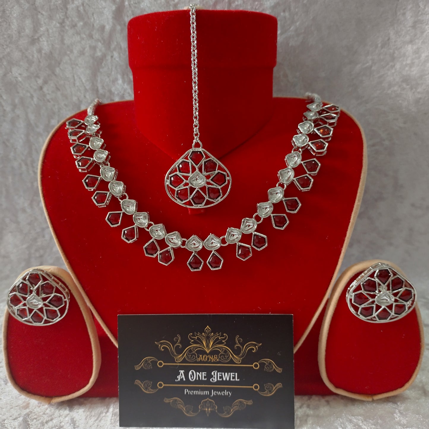 Indian Ethnic Red Silver Plated Necklace Set