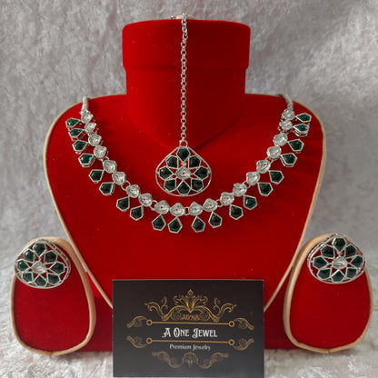 Indian Ethnic Green Silver Plated Necklace Set