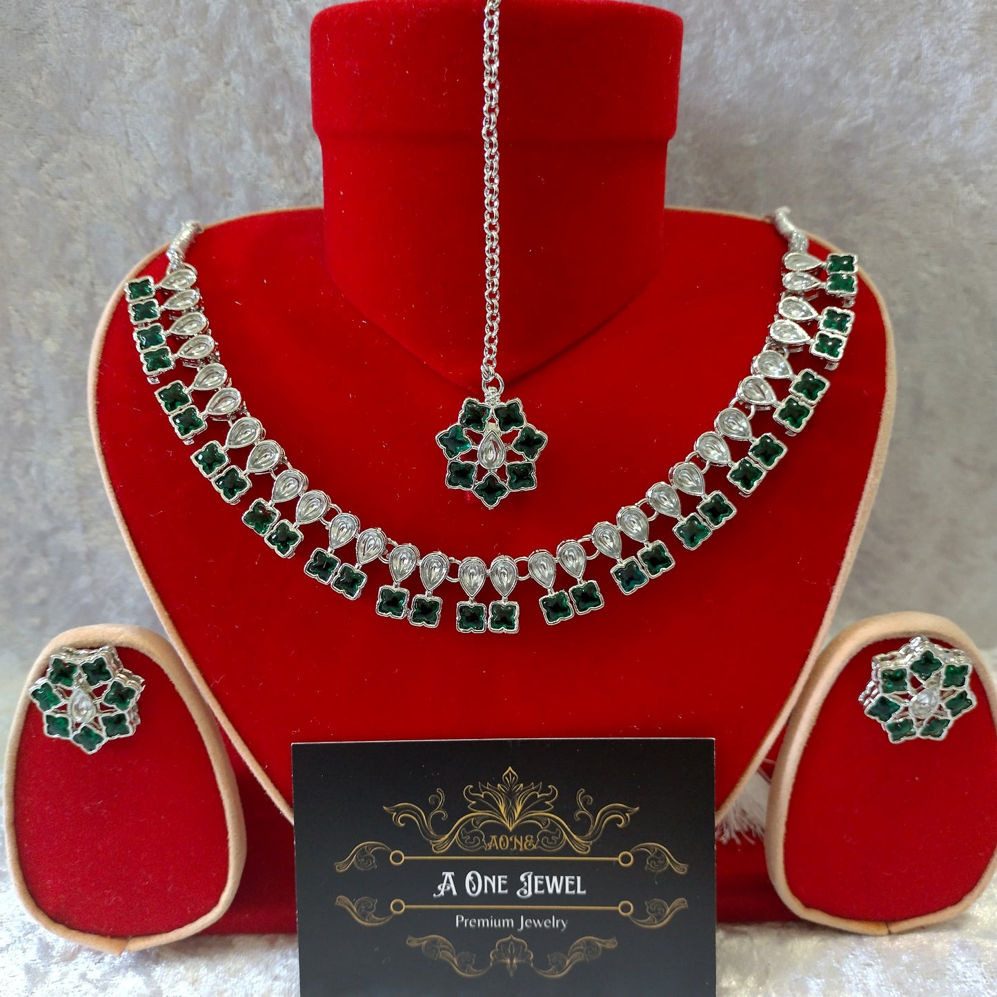 Indian Ethnic Green Silver Plated Necklace Set