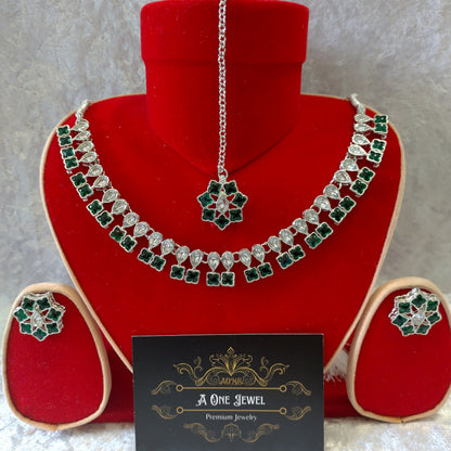 Indian Ethnic Green Silver Plated Necklace Set