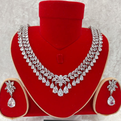 Luxury Indian Bridal Silver CZ Diamond Necklace Set