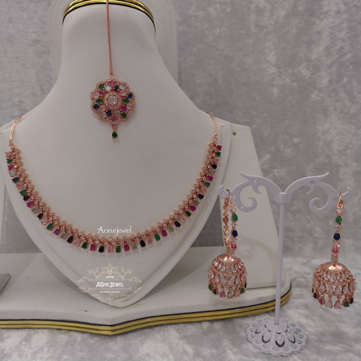 Indian Bridal CZ Diamond Multi Rose Gold Necklace Set