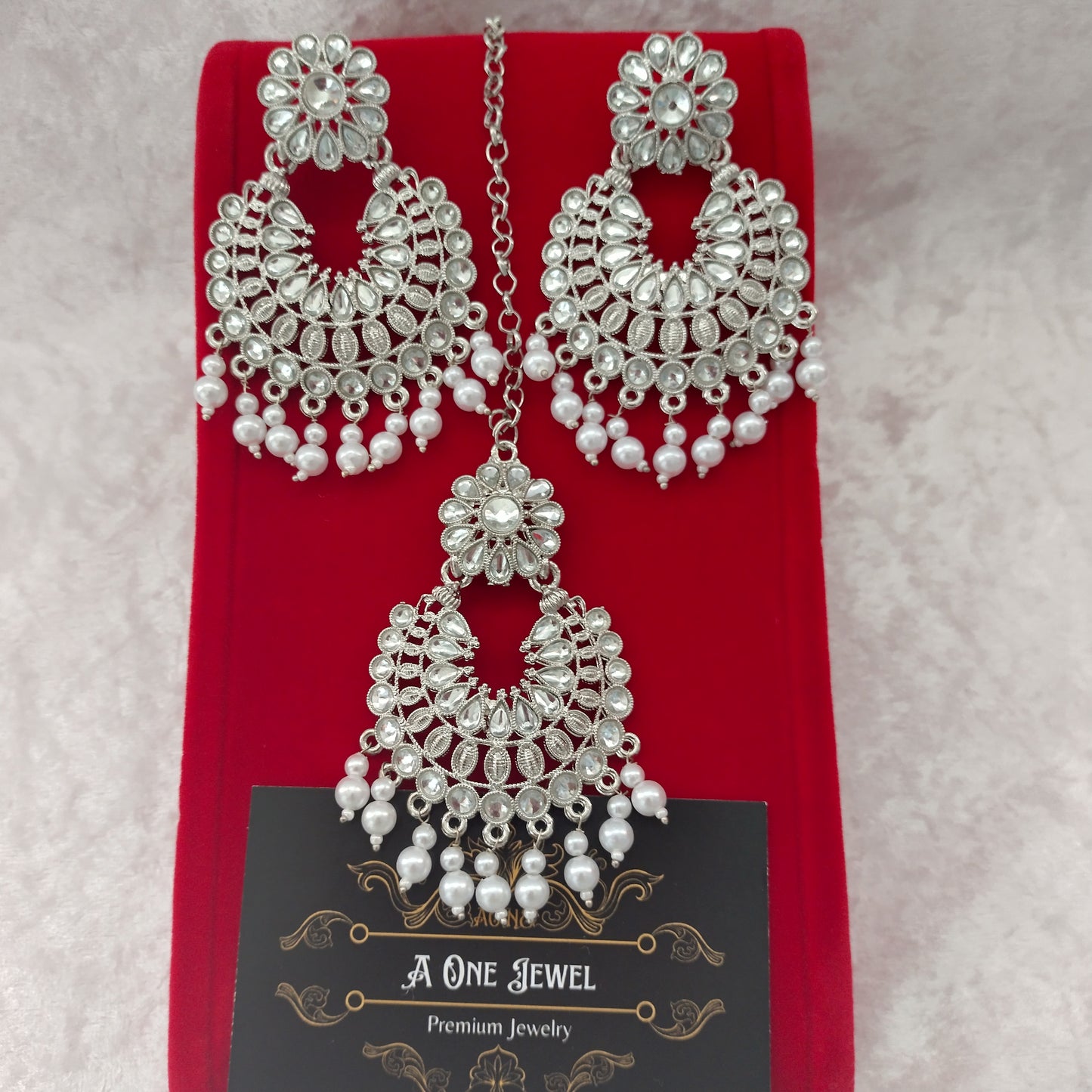 Indian Silver Plated Kundan Pearl Earrings Tikka Set