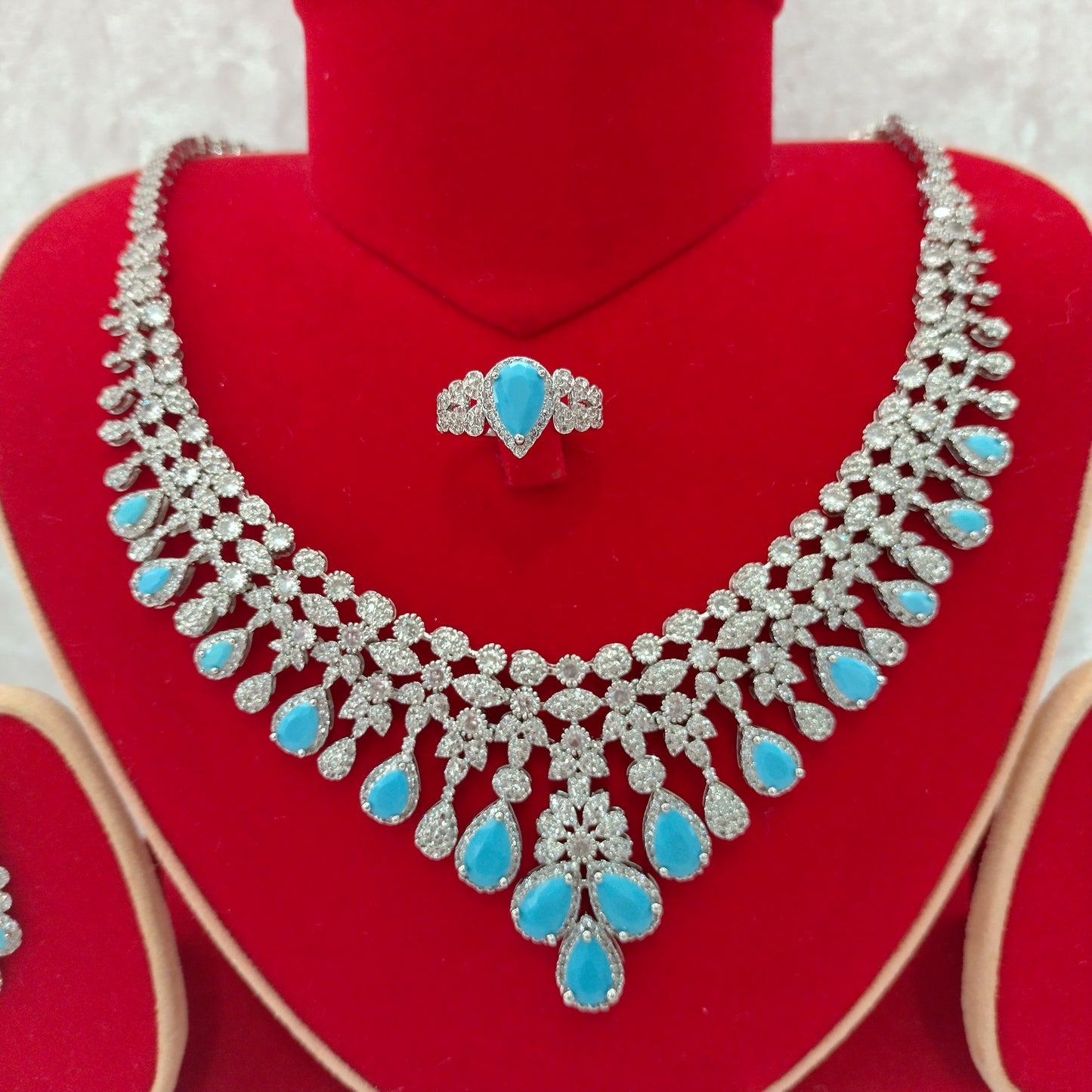 Luxury Indian Bridal CZ Diamond Turquoise Necklace Set