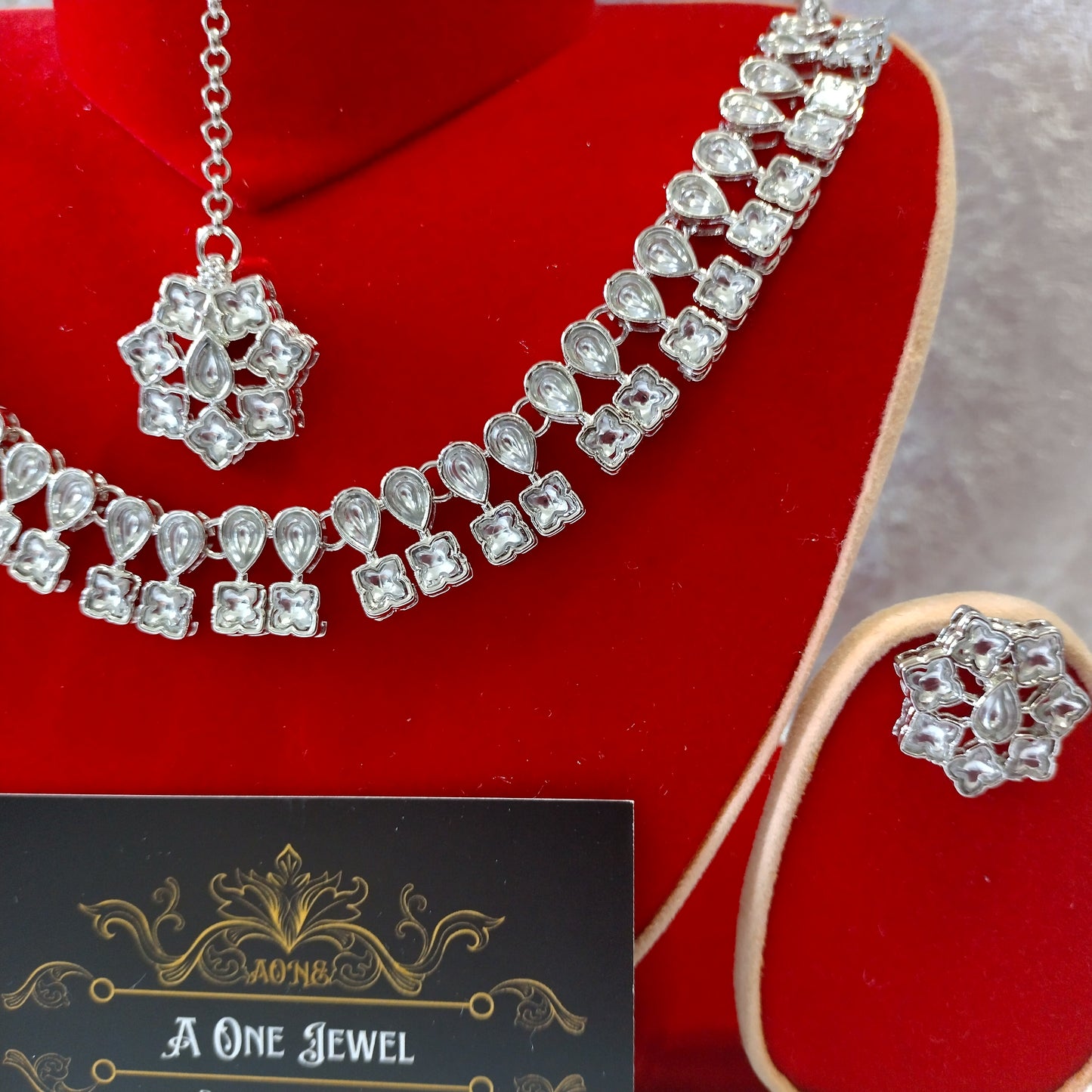 Indian Ethnic Crystal Clear Silver Plated Necklace Set ,