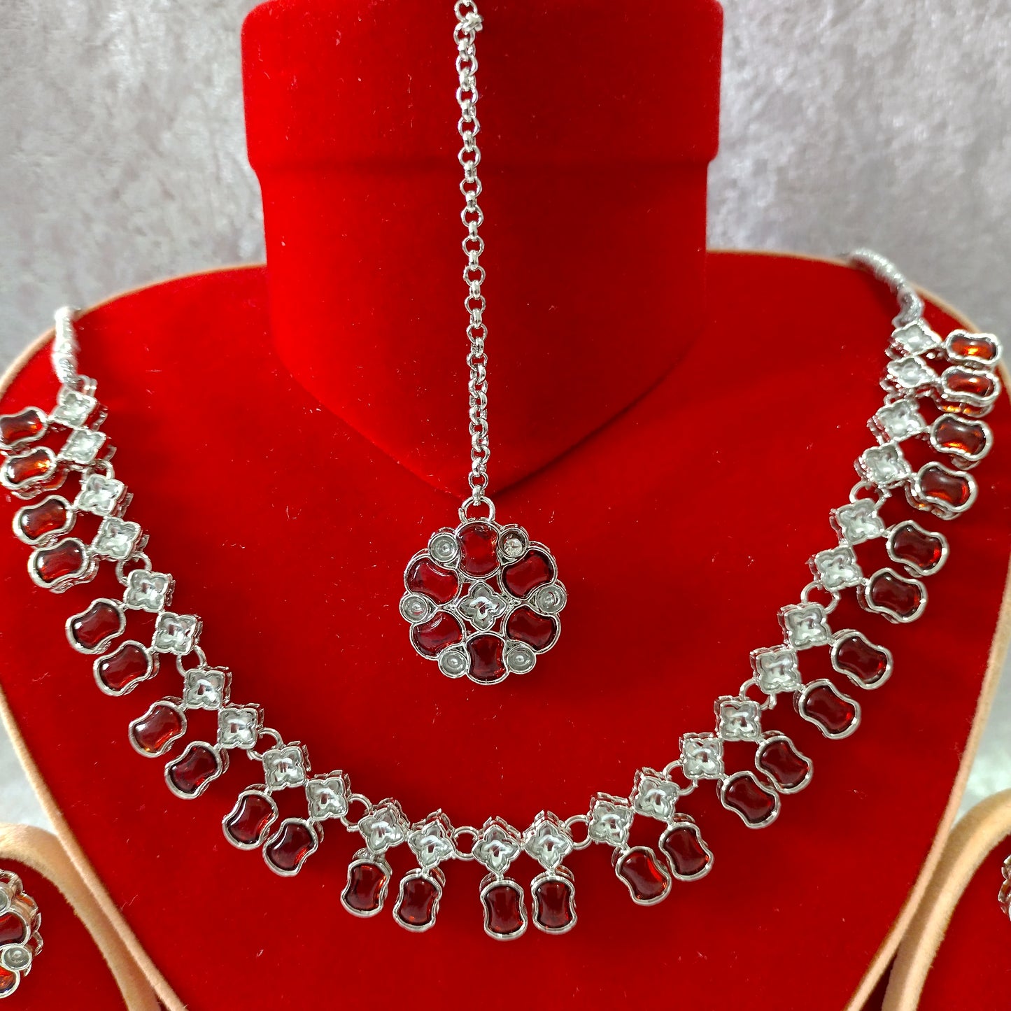 Indian Ethnic Red Silver Plated Necklace Set