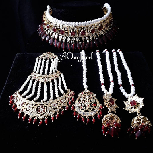 Indian Hyderabadi jadau lacha jewelry set choker necklace set with jhumki tikka & jhoomar pakistani designer jewelry bespoke sabysachi jewel