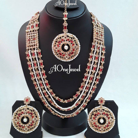 Indian wedding bridal jewellery set long necklace set earrings tikka gold plated jewellery ethnic kundan necklace  pakistani designer set