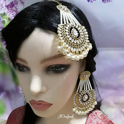 Indian Gold Plated Kundan Earrings and Jhoomar Set