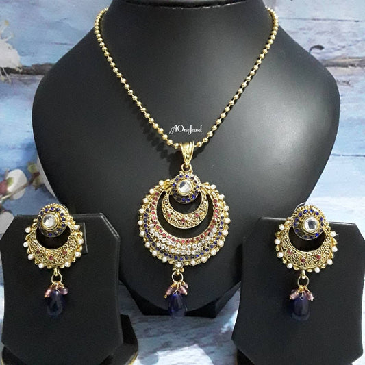 Indian Gold Plated Pendant Earrings Chain Set, Kundan Polki Pearl Jewellery Set, Party Wear Pendant Necklace Set, Pakistani Jewellery Set