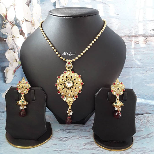 Indian Gold Plated Pendant Jhumki Earrings Chain Set, Kundan Pearl Jewellery Set, Party Wear Pendant Necklace Set, Pakistani Jewellery Set