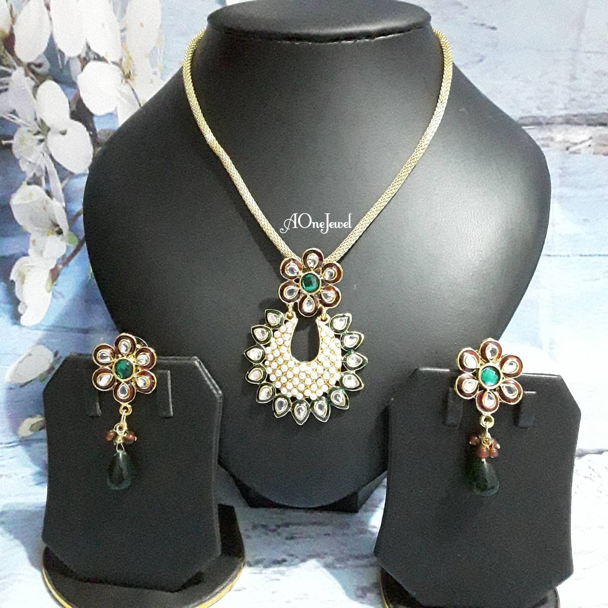 Indian Gold Plated Pendant Earrings Chain Set, Kundan Pearl Jewellery Set, Party Wear Pendant Necklace Set, Pakistani Jewellery Set