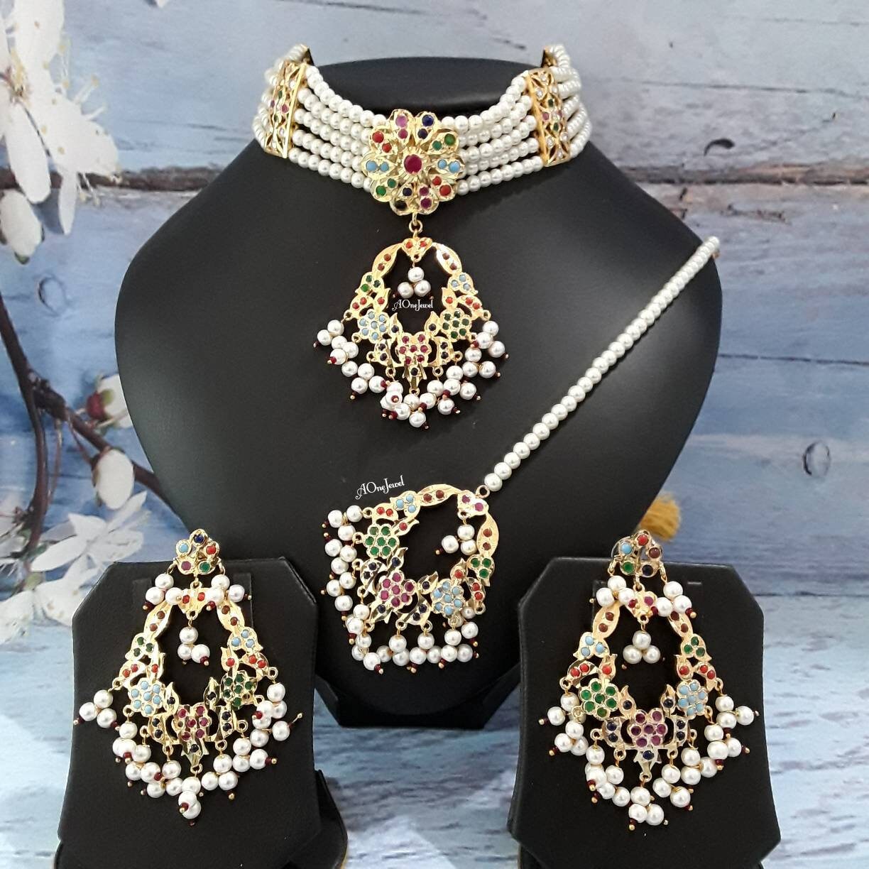 Indian Hyderabadi Jadau Nikah Bali Gold Plated Choker Jewelry Set, Necklace Set, Nauratan, Indian Jewelry, Pakistani Jewelry,Sabysachi Jewel