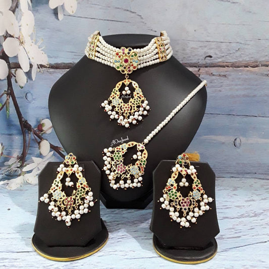 Indian Hyderabadi Jadau Nikah Bali Gold Plated Choker Jewelry Set, Necklace Set, Nauratan, Indian Jewelry, Pakistani Jewelry,Sabysachi Jewel