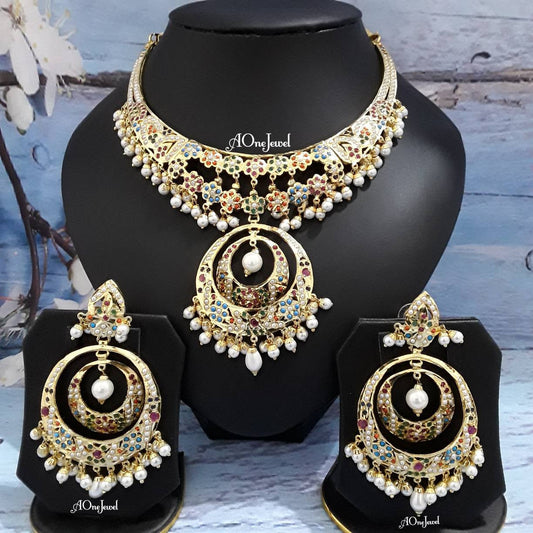 Indian Hyderabadi Jadau Double Chandbali Gold Plated Jewelry Set, Necklace Set, Nauratan, Indian Jewelry, Pakistani Jewelry,Sabysachi Jewel