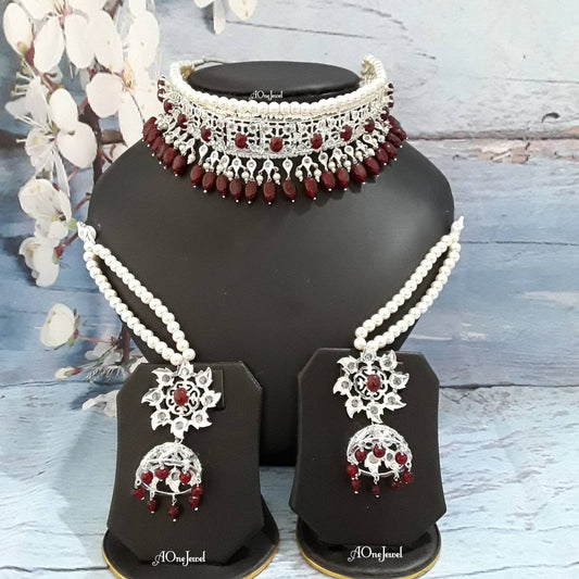 Indian Hyderabadi jadau lacha Silver jewellery set choker necklace set jhumki earrings pakistani designer jewellery bespoke sabysachi jewel