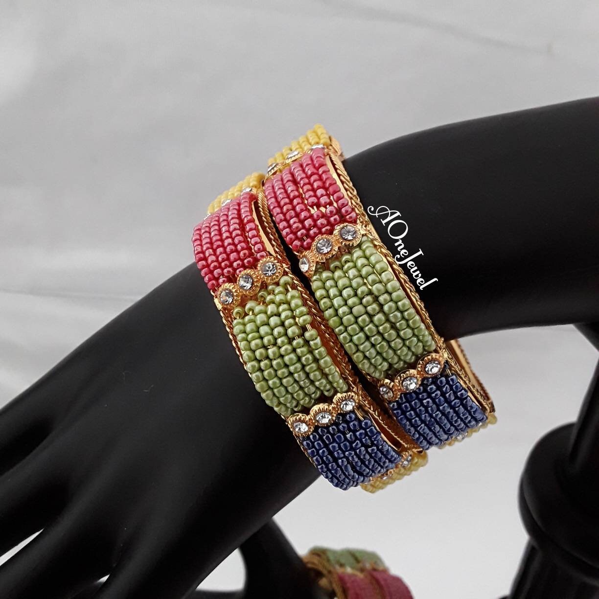 Indian Gold Plated 2pcs CZ Seed Bead Bangles Size 2.4, Indian Jewelry, Pakistani Jewelry, Bangles, Bracelet, Kada, Ethnic Bangles, Bangles