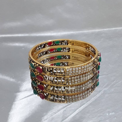 Indian Ethnic 4pcs Antique Gold Plated Kundan Bangles, Indian Jewelry, Pakistani Jewelry, Bangles, Bracelet, Kada, Wedding Bridal Bangles